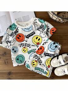 SHEIN Baby Boy Cartoon Print Short Sleeve T-Shirt And Elastic Waist Shorts 2pcs Set, Summer - Multicolor - View 3