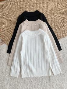 SHEIN LMoss Kids Young Girl Solid Color Knit Casual Sweater,In Fall/Winter - Multicolor - View 5