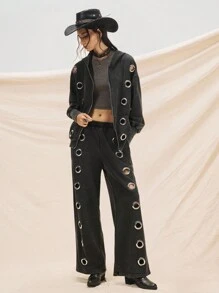 Easelle Women's Vintage Black Autumn Streetwear Everyday Fashion Western Style Grommet Sweatshirt & Pants Set,Wash Water Metal Eyelets Hoodies Fall Winter - Black - View 4