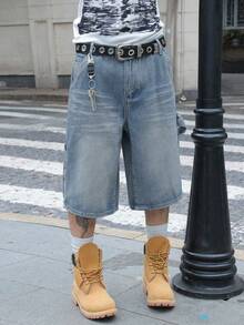 Manfinity EMRG Quần short denim ống rộng 5 điểm đơn giản, dáng rộng, có túi loe dành cho nam - Màu xanh lam - Xem 6