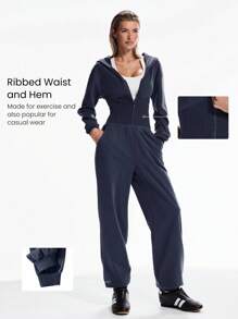 GLOWMODE 24" Everyday Terry Off-Duty Ribbed Waist Hem Zip-Up Hoodie Jumpsuit Bodysuit With Side Pockets Daily Casual Wear Fall Winter - Iron Gray - View 6