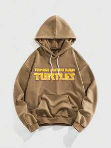 ROMWE MEN TEENAGE MUTANT NINJA TURTLES | ROMWE 男士休闲字母图案口袋抽绳连帽衫，秋季 - 咖啡棕 - 查看 1