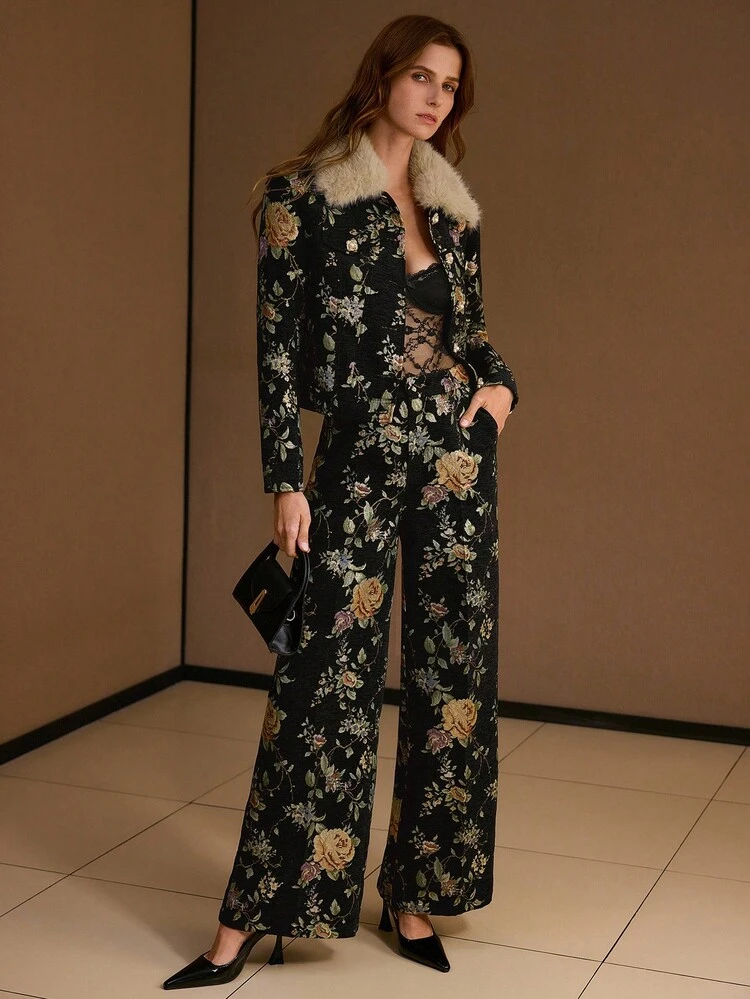 JACQUARD FLORAL PRINT WIDE LEG SUIT PANTS
