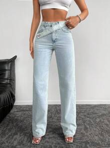 EURMUSE 100%Cotton Asymmetrical Waist Straight Leg Jeans - Light Wash - View 3