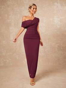 Lumalex 2025 新款夏季海滩度假复活节波西米亚风格海滩户外婚礼派对成人仪式返校派对优雅安哥拉红色网眼单肩褶饰修身紧身长裙女式 - 酒紅色 - 查看 8