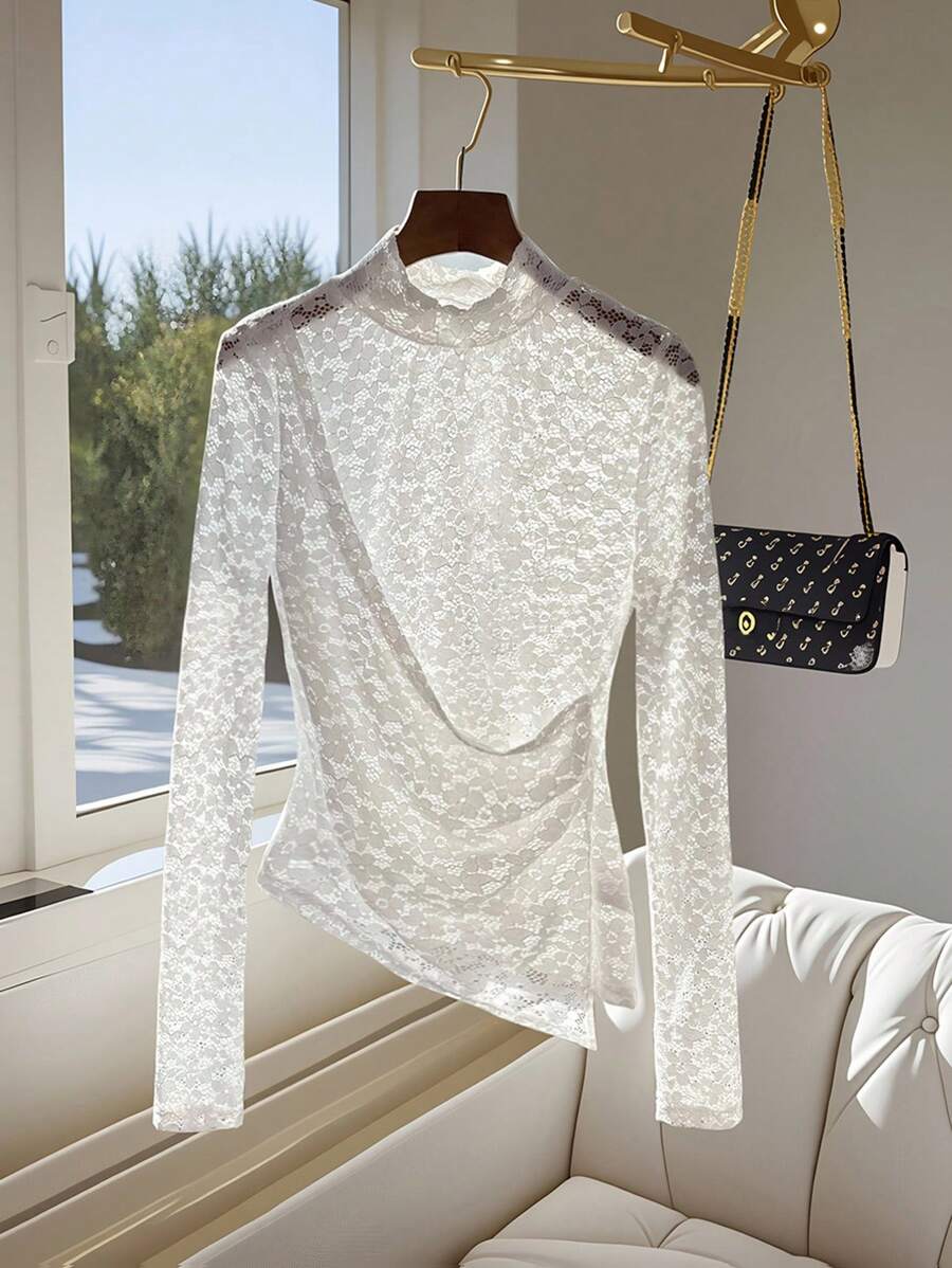 GlowEve Lace Fabric Asymmetric Ruched Sheer Elegant Blouse For Women Fall Cloth For Women - White - View 1