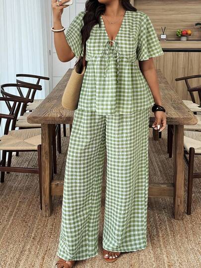 Weeklong 2pcs Plus Size Women Set: Plaid Tie Front Short Sleeve Shirt And Wide Leg Pants