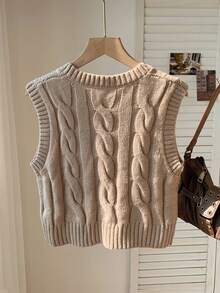 Comfortcana 大码复古时尚纯色圆领休闲简约针织背心，秋季叠穿单品 - 卡其色 - 查看 2
