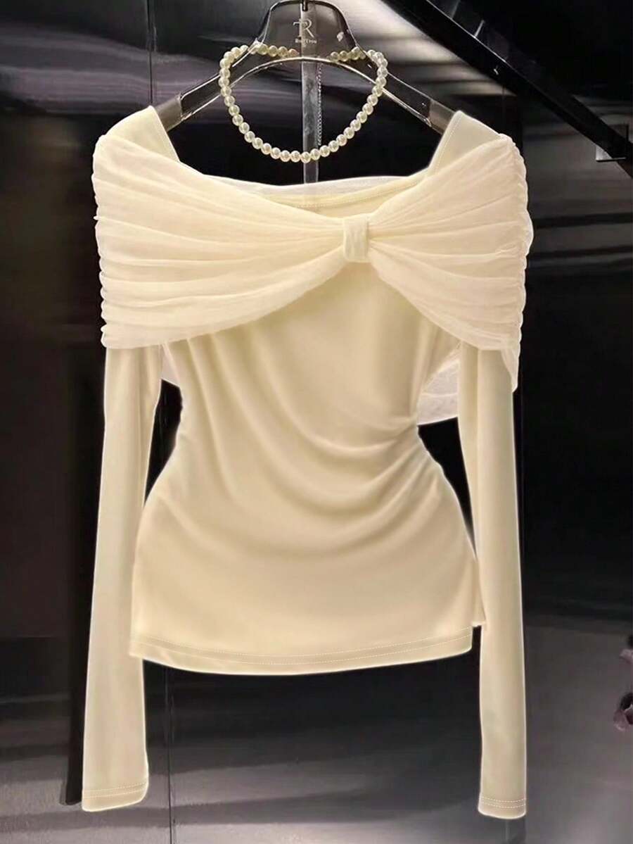 GlowEve Áo thun nữ tay dài thiết kế xoắn màu trơn, xếp ly thời trang thanh lịch - Màu be - Xem 1