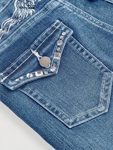 SHEIN Girlism Quần jeans ống loe co giãn đính đá phong cách Y2K Punk cổ điển thêu cánh và đính đá cho bé gái tuổi teen có túi xéo - Rửa tối - Xem 3