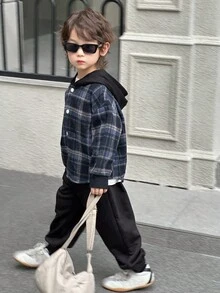 DAZY 2pcs Kids Boys Casual Plaid Hooded Shirt And Sweatpants Set, Loose Fit, Autumn