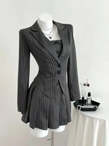 Elamini 2pcs Women's Striped Suit Set With Collared Blazer Jacket And Pleated Dress, Black, Suitable For Commuting, School Style, Back To School Season - Dark Grey - View 1