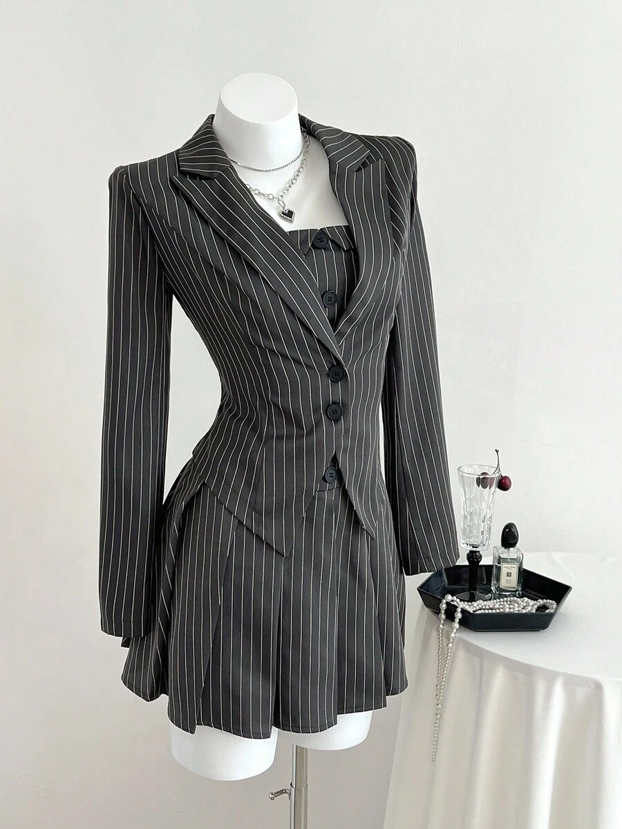Elamini 2pcs Women's Striped Suit Set With Collared Blazer Jacket And Pleated Dress, Black, Suitable For Commuting, School Style, Back To School Season - Dark Grey - View 1