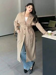 Dazy Plus Plus Size Women Solid Color Turndown Collar Loose Tie Sleeve Long Trench Coat, Autumn