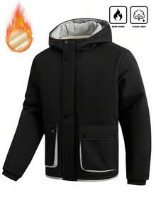 Manfinity Homme Jaket Musim Dingin Kasual Pria Ukuran Besar Warna Polos Lengan Panjang Berkerudung dengan Resleting Depan dan Kantong Besar Berlapis Termal - Hitam - View 1