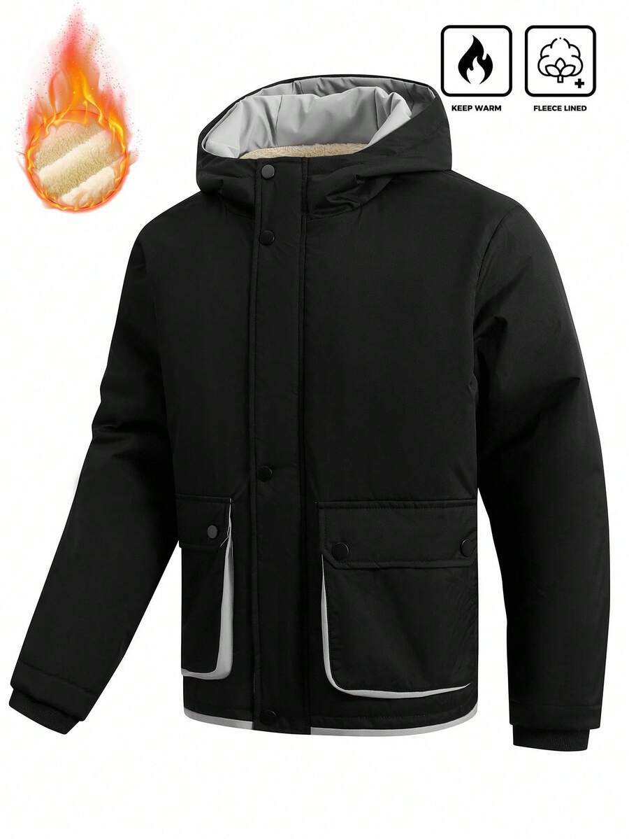 Manfinity Homme Jaket Musim Dingin Kasual Pria Ukuran Besar Warna Polos Lengan Panjang Berkerudung dengan Resleting Depan dan Kantong Besar Berlapis Termal - Hitam - View 1