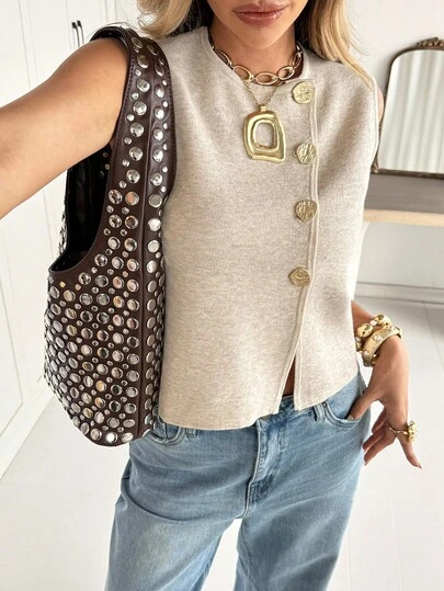 Siren Gaze 女士针织休闲金属扣背心，秋冬