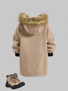 SHEIN 男童休闲舒适多功能保暖加厚连帽羽绒服，中长款冬季外套 - 杏色 - 查看 4