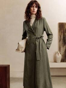EMERY ROSE 女式 V 领系带腰部金属扣翻领优雅长袖超长连衣裙风衣外套 - 綠色 - 查看 7