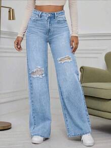 EMERY ROSE 大码女式无弹力做旧水洗宽松阔腿牛仔裤，浅蓝色优雅款 - 淺色水洗藍 - 查看 3