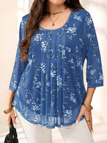 EMERY ROSE 大码女式海军蓝花卉印花七分袖衬衫，夏季