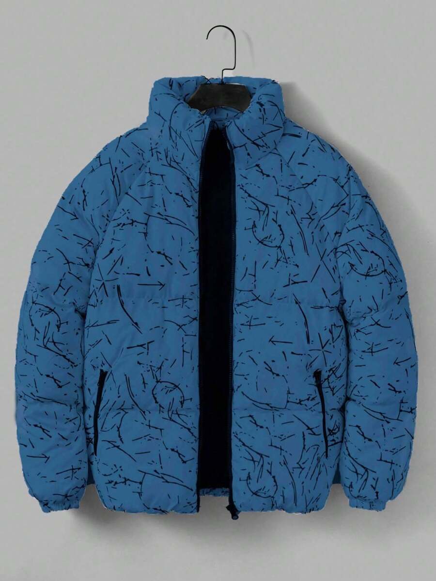 SHEIN Cottnline 男士全身印花立領襯墊夾克 - 藏蓝色 - 查看 1