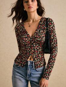 Poéselle Vintage Ditsy Blumen Knotenshirt mit Langarm, 90er Jahre Y2K Crop Top Essentiell, Lässig Chic Streetwear, einfach und modisch, geeignet für den täglichen Gebrauch, Ausgehen, Pendeln, Dates, Zuhause und andere Anlässe - Schwarz - Übersicht 6