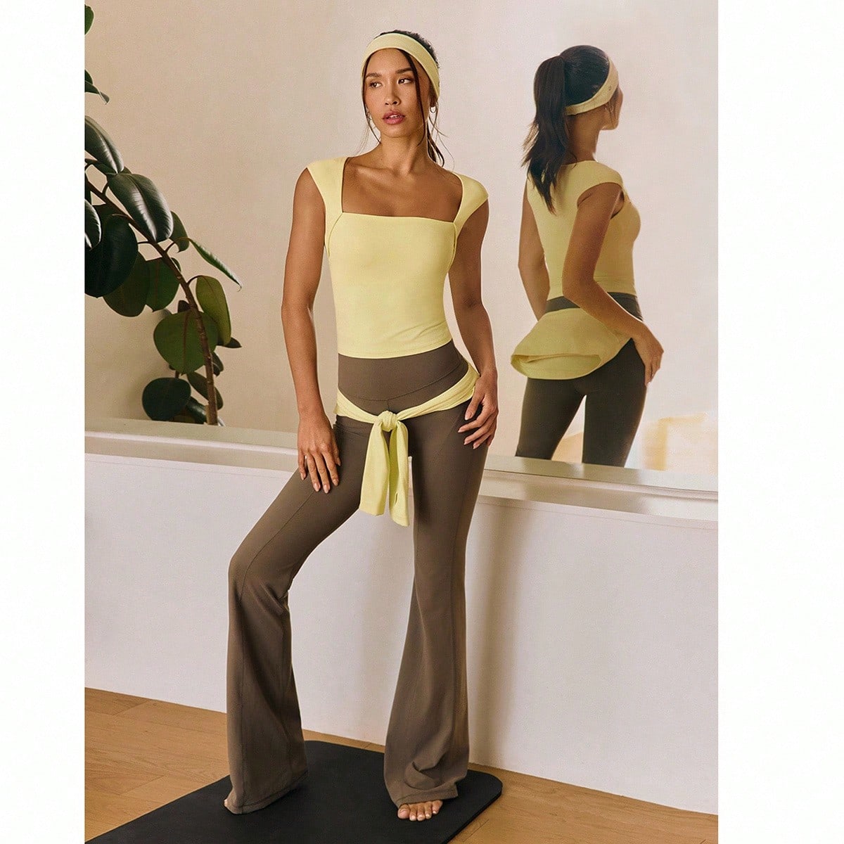 FeatherFit™ Camiseta básica de tirantes de cuello cuadrado, longitud hasta la cadera, con copas desmontables, para yoga, pilates y uso diario de ba
