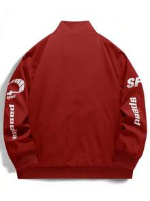 Manfinity EMRG Men's Contrast Color Letter Graphic Long Sleeve Jacket, Fall Outdoor Windbreaker, Grunge - Red - View 2