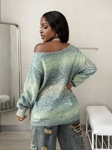Coolane Pulover elegant pentru femei, stil vintage, cu umăr gol, supradimensionat, confortabil, cu dungi, stil streetwear, toamnă și fată cool - Multicolor - Vizualizare 3