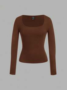 SHEIN EZwear 2 件女式方领修身长袖休闲 T 恤套装，棕色和浅杏色，适合秋冬季 - 彩色 - 查看 5