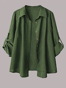 Linhara 大码女式休闲两件套，纯色翻领单排扣休闲/工作衬衫和高腰宽松阔腿裤套装 - 軍綠色 - 查看 5