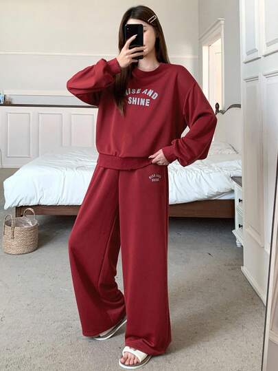 DAZY 女士字母印花宽松运动衫睡衣套装，秋冬，秋季服装