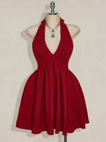 SHEIN ICON 加大码黑色吊带编织束腰 A 字形露背连衣裙，适合夏季、度假、日常穿着、Y2K、暑假、返校服装 - 紅色 - 查看 6