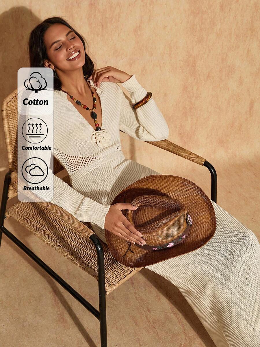 Bóhologie Robe longue de cache-maillot tricotée pour l'été avec décolleté en V profond, détails 3D en rose, manches évasées ajourées au crochet, pour des vacances - Nude - Voir 1