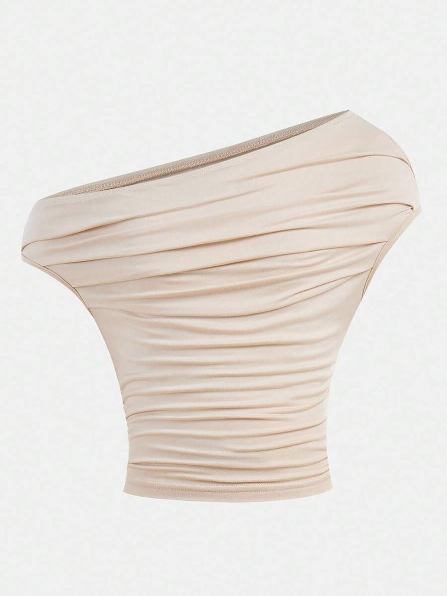 青少年女孩休闲不对称领口褶饰修身短款无袖针织上衣 T 恤 - 杏色 - 查看 1