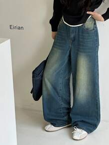 Jeans amples bleus confortables et nostalgiques pour tenues décontractées de filles préadolescentes, tenues de tous les jours souples, tenues de festival et de maison, vêtements d'école streetwear pour filles préadolescentes - Bleu azur - Voir 3