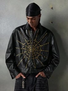 NEON BLANC Men's Casual Fashion PU Zipper Jacket , Fall Winter - Black - View 2