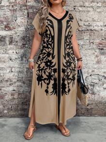 EMERY ROSE Spring Women Plus Size Colorblock Floral Print Short Sleeve Dress