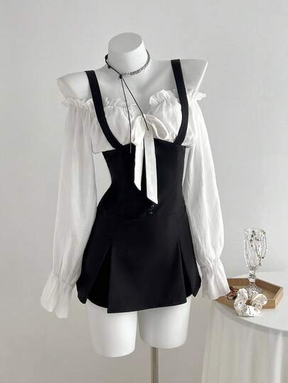 Elamini 女士时尚露肩荷叶边长袖短款连衣裙