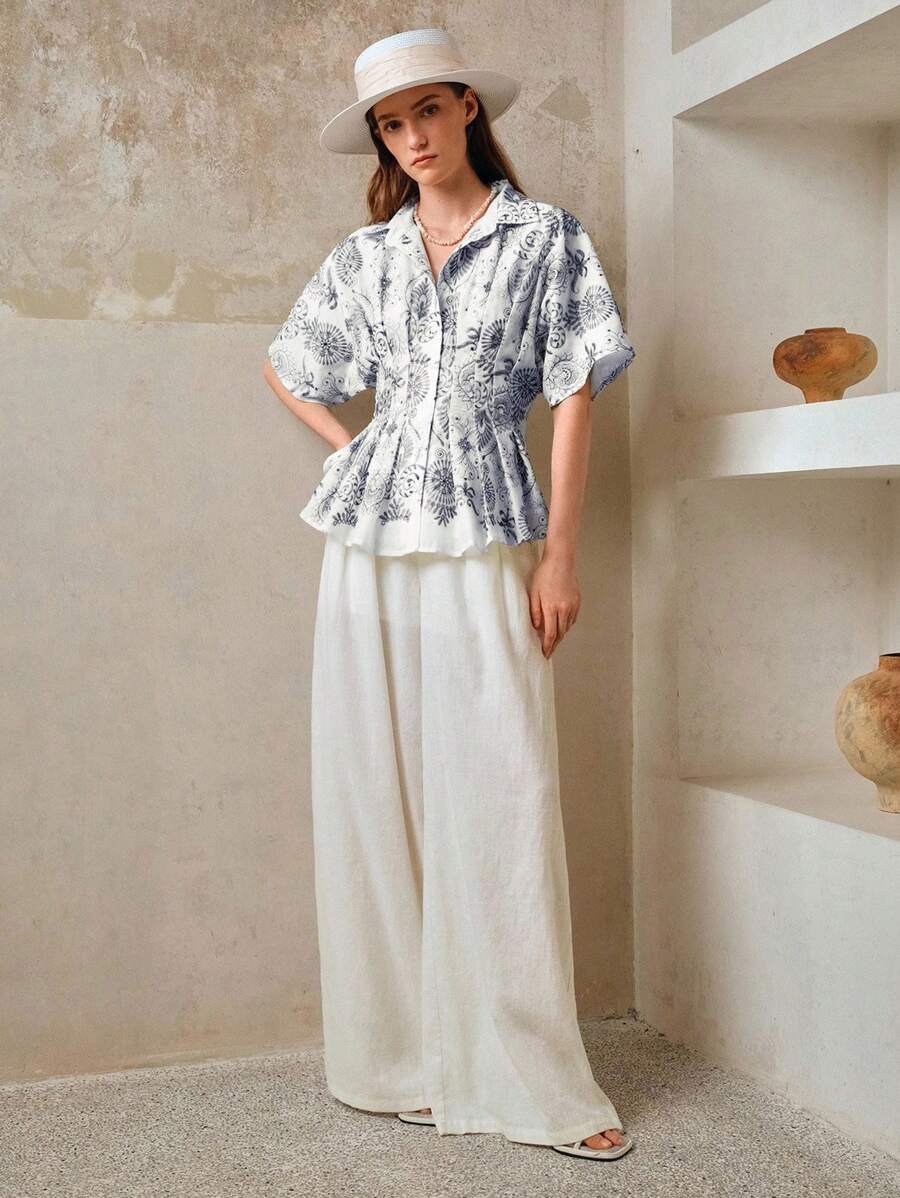 EMERY ROSE 女士花卉刺绣纽扣衬衫,收腰蝙蝠袖衬衫领休闲上衣,短袖,上衣,女士衬衫,商务休闲女装,教师衬衫,教师上衣,女士外出上衣,秋季女装 - 藍色 - 查看 1