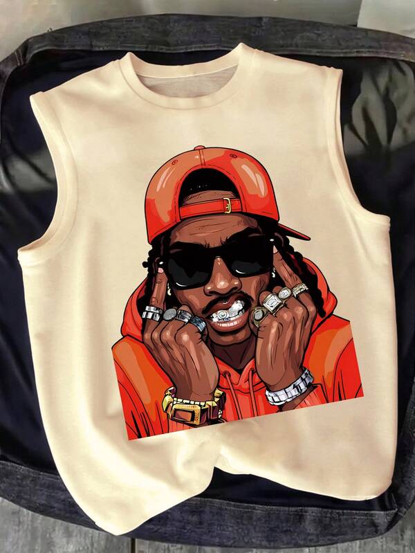 Noixe Camiseta de tirantes holgada y casual con cuello redondo y diseño de personaje de dibujos animados para hombre