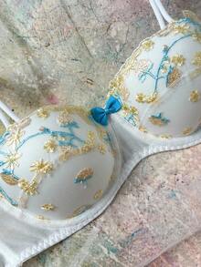 FloralLove Romantic, Fresh, Gentle, Sweet Embroidered Floral Balconette 1/2 Cup Underwire Bra With Adjustable Straps And Bow Accent, Women's Lingerie, Yellow Embroidered Bra - Yellow - View 4