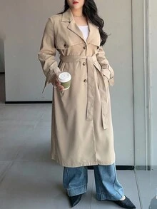 Dazy Plus Plus Size Women Solid Color Turndown Collar Loose Tie Sleeve Long Trench Coat, Autumn