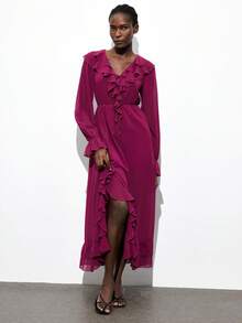 Maija Women's Magenta Chiffon Elegant V-Neck Long Sleeve Ruffle Dress,Autumn Semi-Sheer Textured Tie Waist Asymmetric Hem Boho Dress,Bar Party Casual Outfit - Red Violet - View 4
