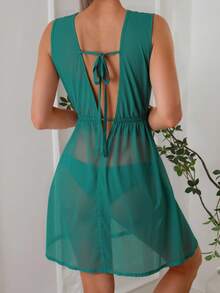 Swim Lushoire 女士夏季飘逸优雅浪漫宽松海滩夏日度假罩衫娃娃裙绿色连衣裙，适合外出 - 水鴨藍 - 查看 2