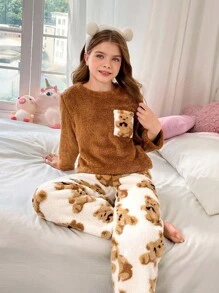 SHEIN 少女棕熊图案口袋运动衫和柔软毛绒熊印花睡裤两件套睡衣套装，舒适秋冬