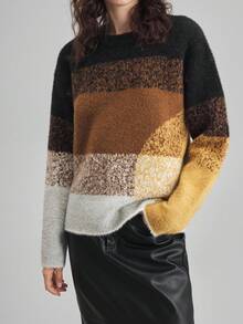 Ontre 2025 New Winter Women's Sweater,Black And White Striped,Autumn,Casual,Everyday Color Block Round Neck Long Sleeve,Minimalist Office Fashionable Top - Multicolor - View 5