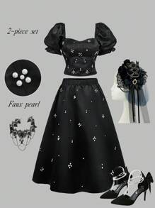 SHEIN MOD طقم أنيق من قطعتين من الساتان الأسود المزين بالخرز، مقاس كبير، بلوزة بأكمام منتفخة وتنورة متوسطة الطول واسعة، باللون الأسود، مناسب للحفلات والمناسبات الرسمية وموسم التخرج، أنيق ورومانسي - الأسود - مشاهدة 2