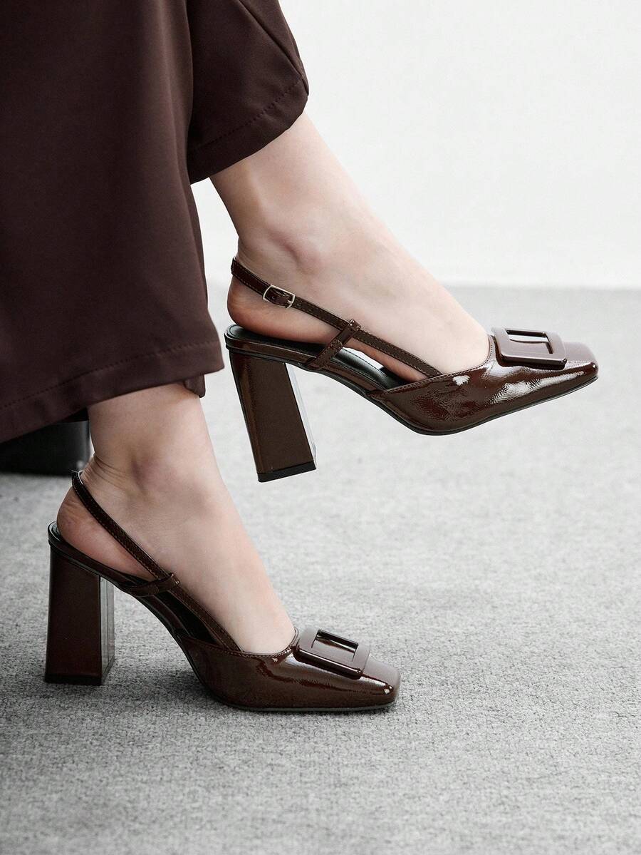 CUCCOO BIZCHIC Women's Square Toe Chunky Heel Brown PU Leather Pumps, Fashionable Minimalist Comfortable For Daily Wear And Occasions For Christmas - Brown - View 1